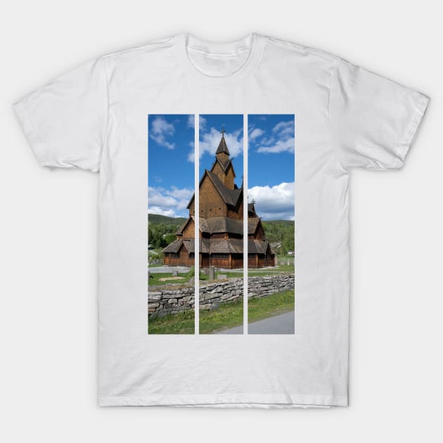 Medieval graveyard and Heddal wooden stave church. Heddal Stavkirke, 13th century. Largest stave church in Norway. Sunny spring day (vertical) T-Shirt by fabbroni-art